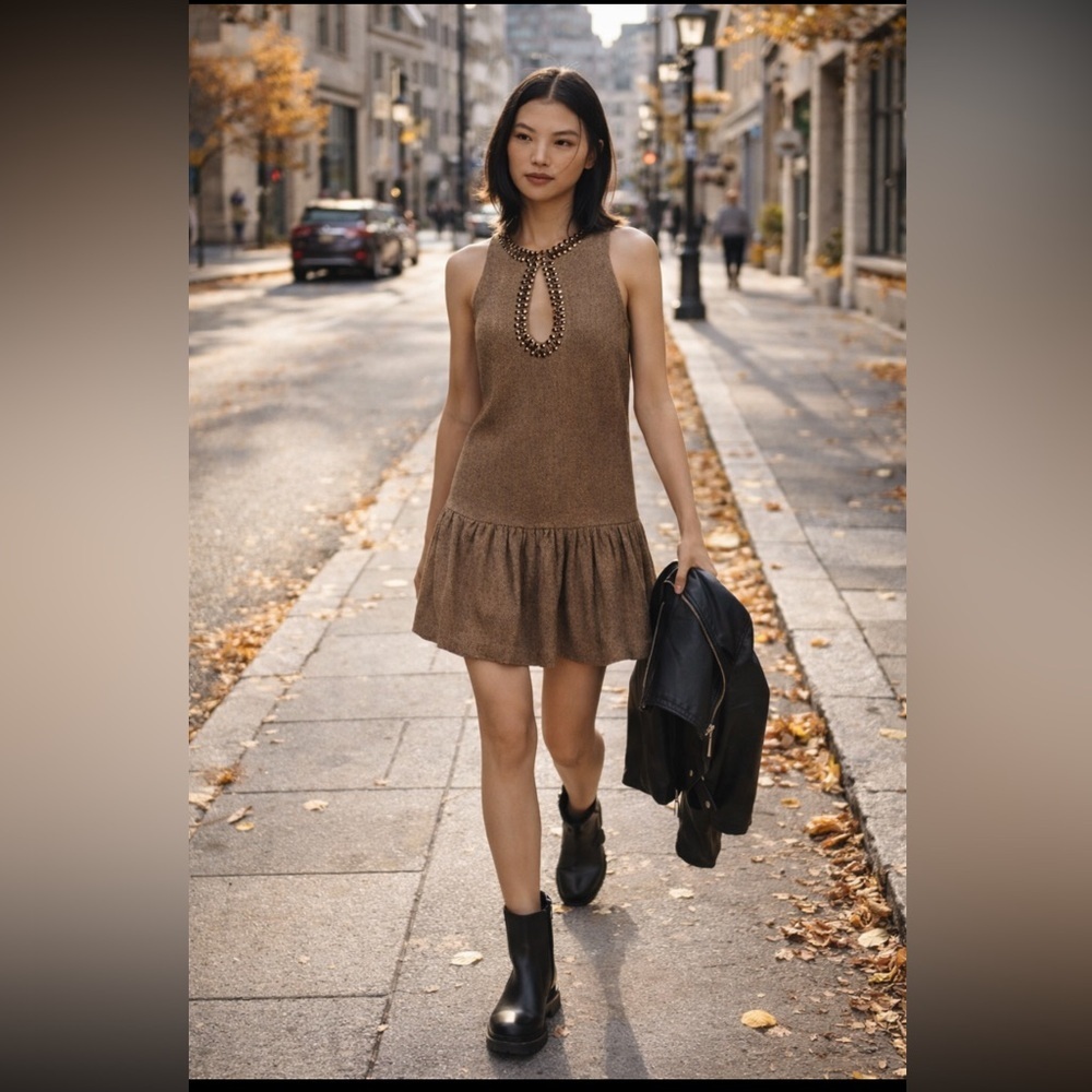 Anthropologie NWT Beaded Keyhole Sleeveless WOOL HERRINGBONE Mini Dress MOCHA L